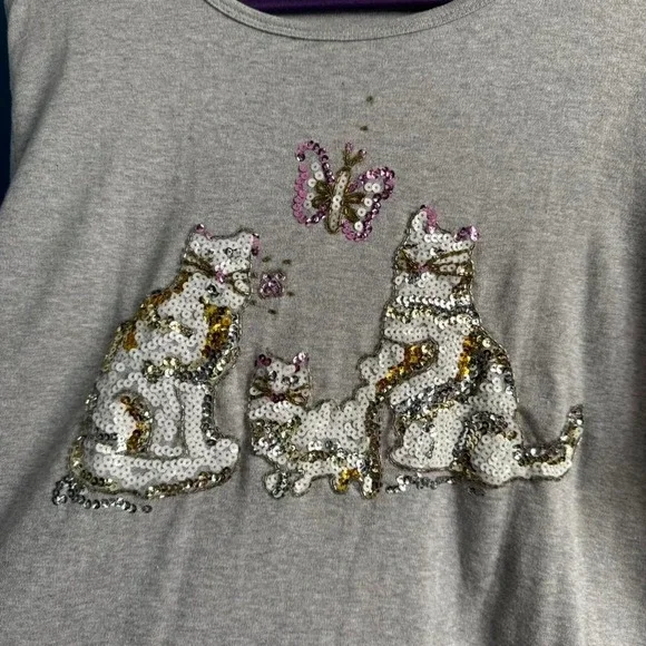Y2K Beaded Cat Tee Women's Size XL Kitten Butterfly Quacker Factory Gray Grandma - Picture 3 of 8